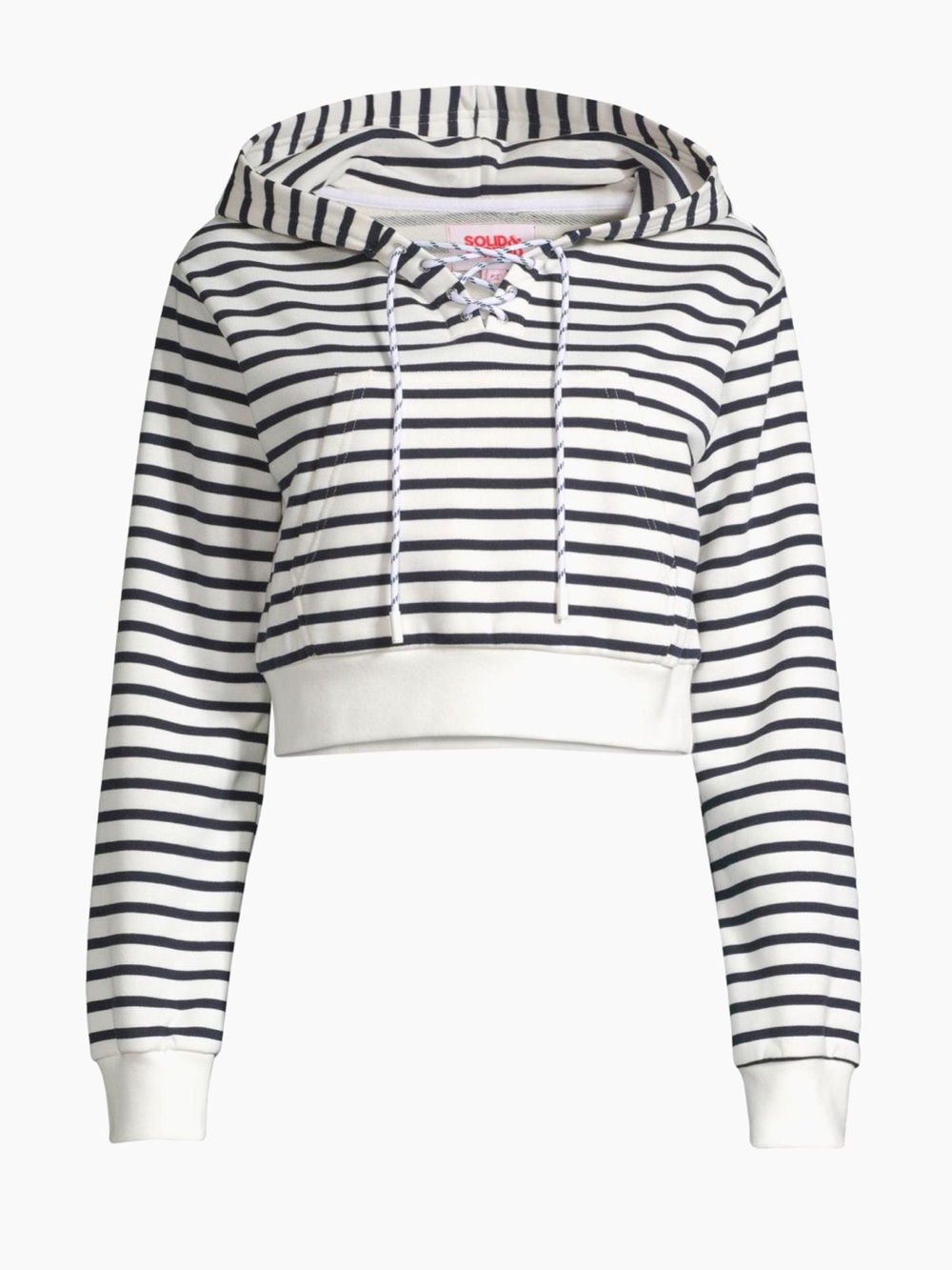 SOLID & STRIPED Striped Lace-Up Cropped Hoodie - White & Navy